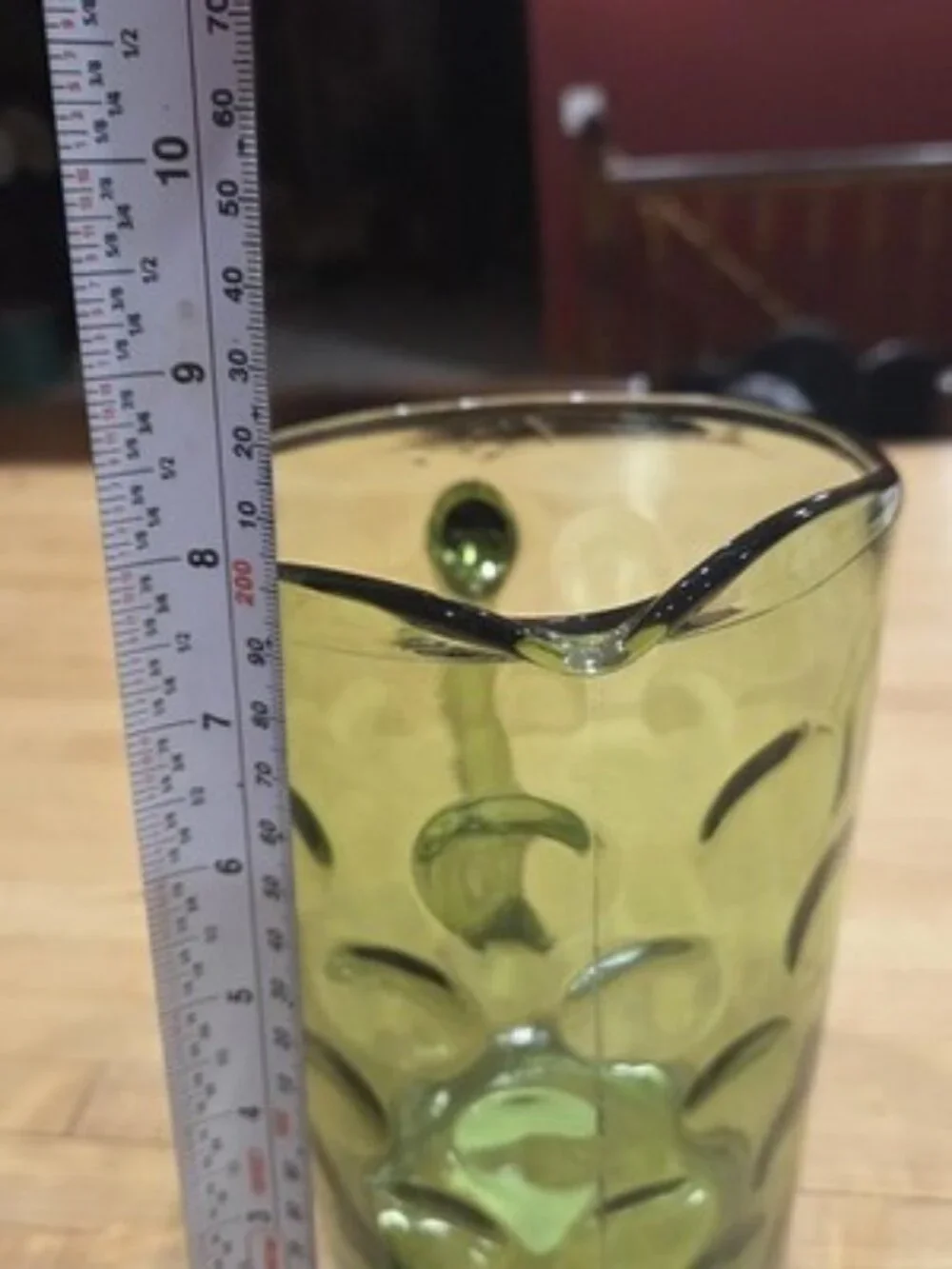 Vintage Hazel Atlas Eldorado Green Glass Pitcher Coin Dot MCM 56 oz Ice Lip